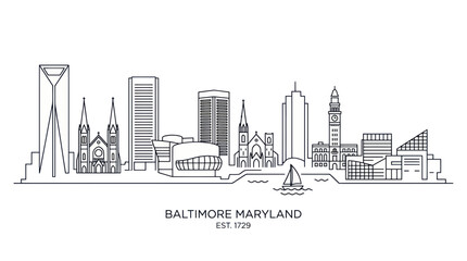 Fototapeta premium Baltimore Maryland Skyline Outline, Cityscape Illustration, Travel Landmark