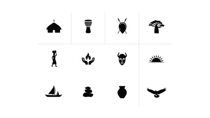Obraz premium Twelve black icons representing traditional objects and tribal cultural symbols set.