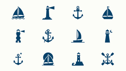Nautical symbols sailboat lighthouse anchor ship wheel rope dolphin starfish seashell. © Pronab