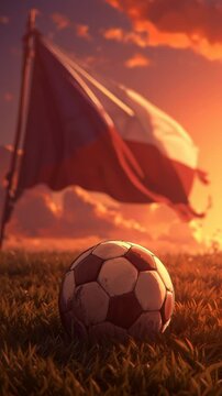 Soccer ball on grass with a flag waving in the background at sunset.