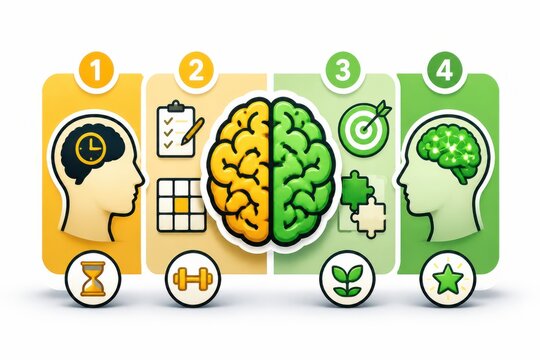 Brain development stages infographic with cognitive growth and learning symbols