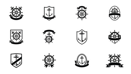 Nautical vintage emblems collection featuring ship wheel and anchor crests on white back. © Pronab