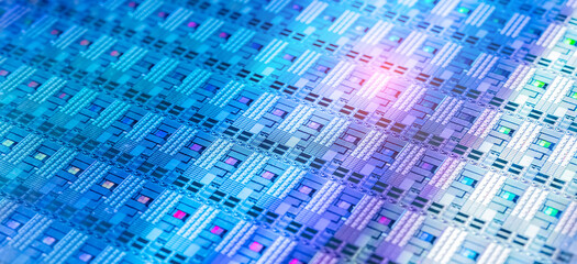 High-tech Macro Photography of a Colorful Silicon Wafer with Microchip Patterns for AI Hardware and...