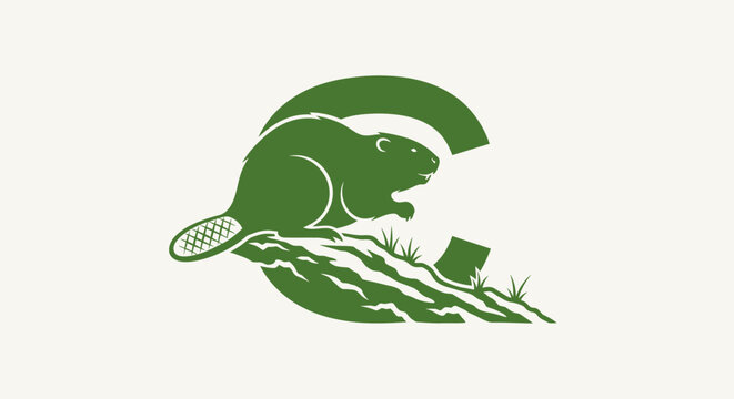 Beaver silhouette with dam and tree illustration.