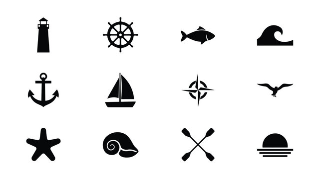 Nautical symbols set lighthouse ship wheel fish wave anchor sailboat compass bird starfish.