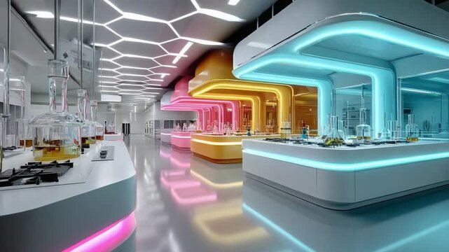 Futuristic Laboratory Glow: A cutting-edge laboratory with hexagonal ceiling lights and vibrant neon accents in pink, yellow, and blue, showcasing advanced scientific equipment.