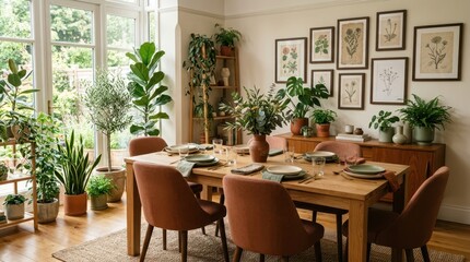 Fototapeta premium Elegant dining room filled with lush green houseplants and botanical art