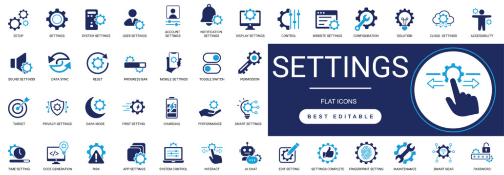 settings icon set. configuration, options, interface, control, gear, control panel, setup, preferences. editable solid glyph vector.