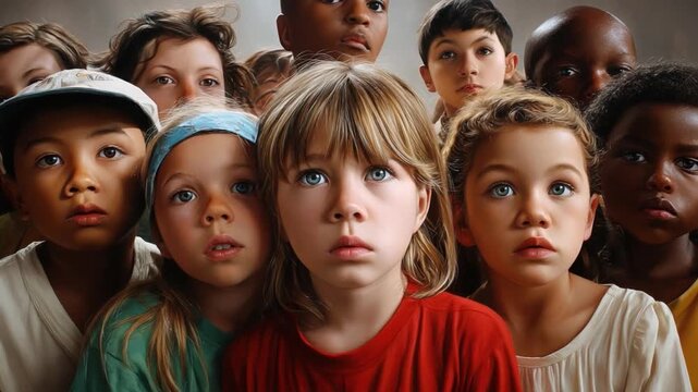 A Collective Gaze: A diverse group of children, their eyes wide with wonder and curiosity, peer upwards in a moment of shared anticipation.