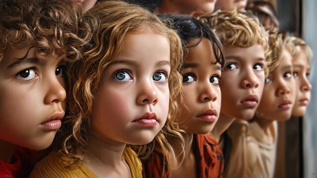 Curiosity in Young Eyes: A close-up portrait showcases the diverse faces of children, their innocent eyes reflecting a mix of wonder, curiosity, and youthful innocence.