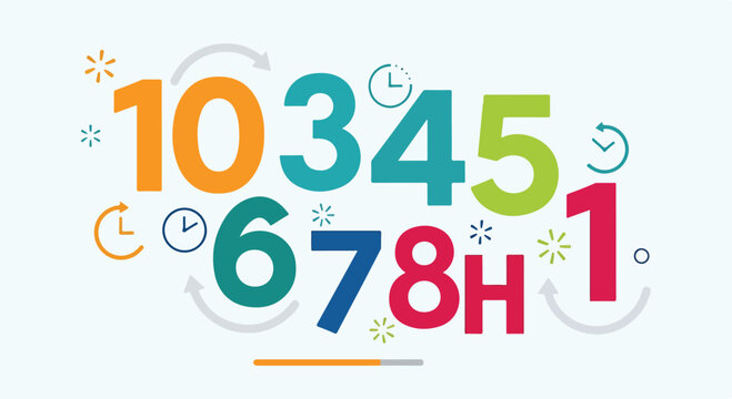 A colorful illustration of numbers and clock icons