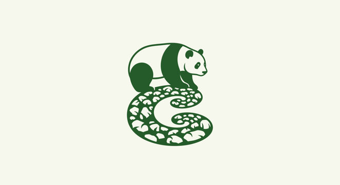 Playful panda sitting on stylized green tail design.