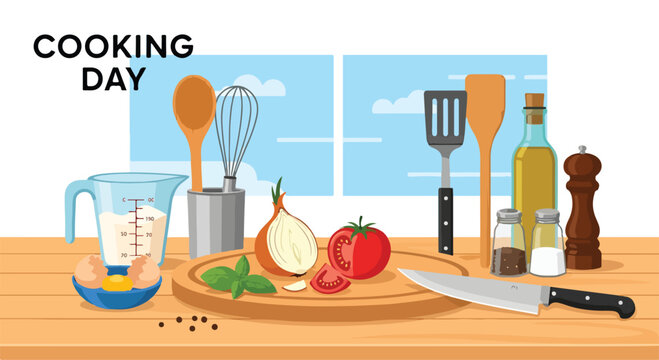 Cooking scene with kitchen utensils and food