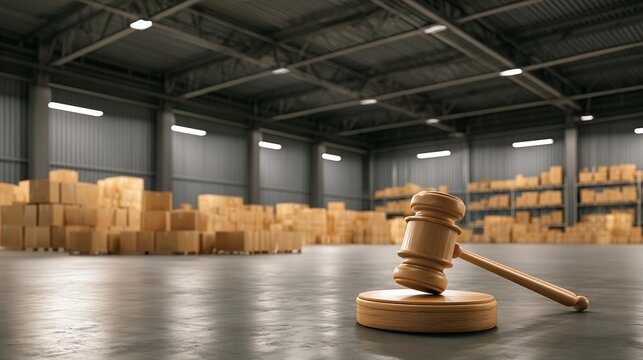 Gavel on warehouse floor with stacked box and storage racks symbolizing bankruptcy lawyer representing asset liquidation and creditor negotiation.