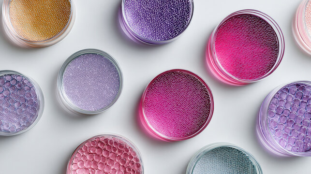 Bio tech innovation concept with colorful petri dishes showing scientific research and laboratory experiment samples