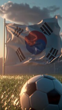 Soccer ball on grass with South Korean flag waving against dramatic cloudy sky.