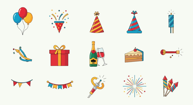 Colorful party icons on a plain background