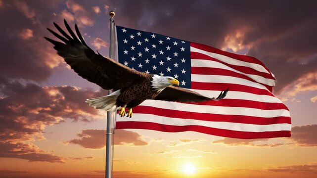Eagle flying near American flag at sunset