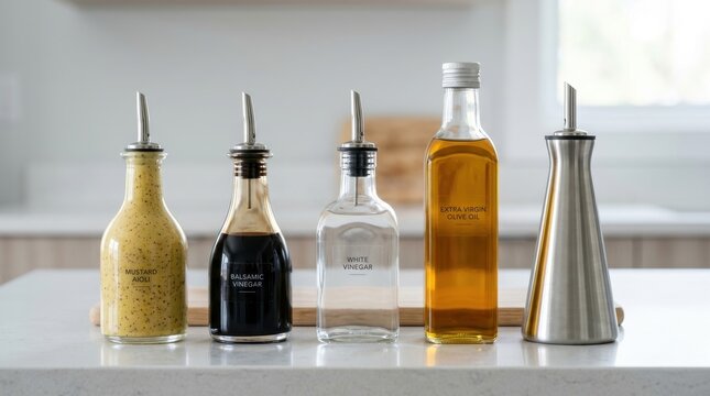 Assorted gourmet oil and vinegar bottles arranged on a kitchen countertop