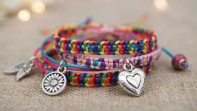 Colorful handcrafted friendship bracelets with charms
