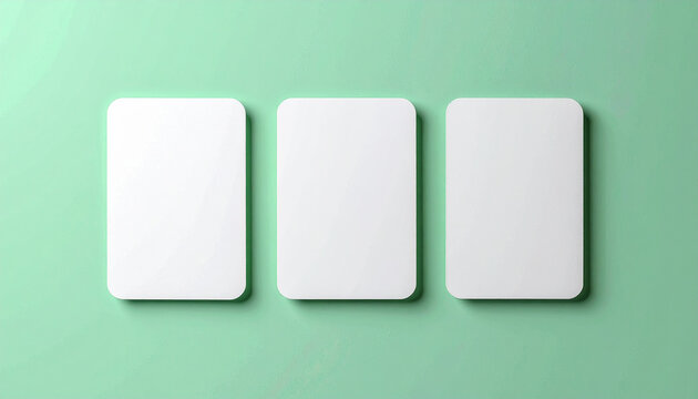 Three empty trading cards with rounded corners on pastel green backdrop, minimal mockup design, modern collectible concept, close-up.