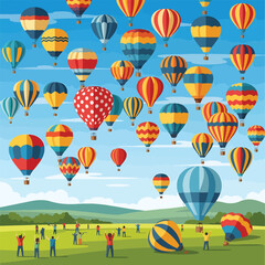 Naklejka premium A colorful illustration of numerous hot air balloons flying over a green field