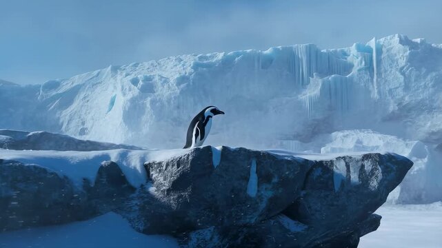 Penguin standing on a rocky ice formation in a snowy landscape. Symbolizes resilience and adaptation in harsh environments