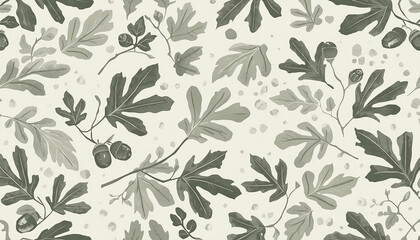 Fototapeta premium Seamless autumn-inspired botanical pattern with oak leaves, maple leaves, and seasonal accents.