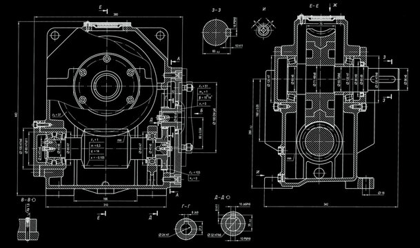 Engineering mechanical drawing of steel devices
- worm gear (reducer, gearbox, engine)
with dimension lines. Industrial 
cad scheme on paper sheet. Technology background
of machine building industry.