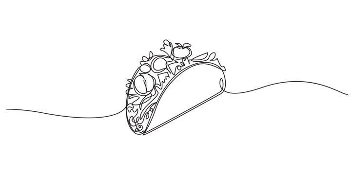 Continuous Single Line Taco Icon Vector Illustration,Mexican Taco Continuous Line Art Symbol
