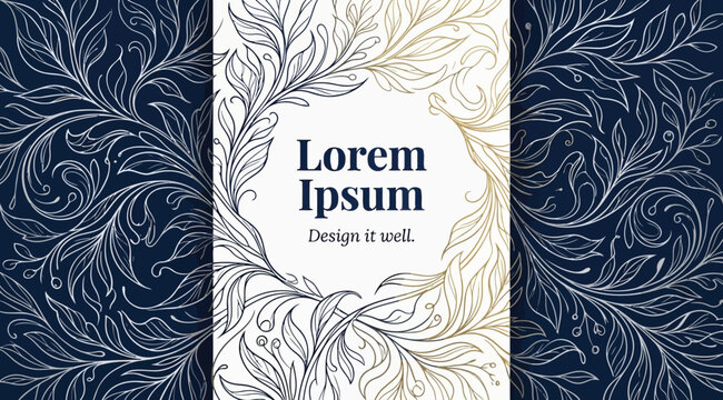 Elegant floral frame with golden and white leaves on a dark blue background, luxury invitation design