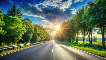 Fototapeta premium Asphalt road lined with lush green trees during a vibrant sunset, a picturesque journey toward a bright future