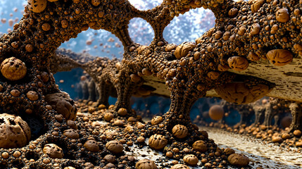 Obraz premium A digital artwork depicting a fantastical landscape with a rocky surface covered in various sized spheres some of which are connected by thin lines and the background features a blue sky with floating