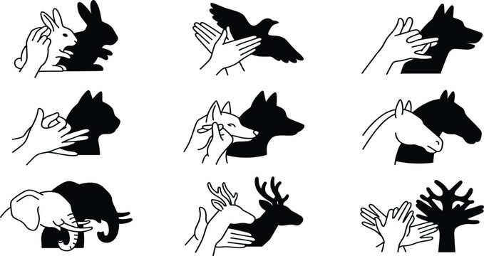 Hand shadow animal puppets vector collection featuring creative finger silhouettes forming wildlife and bird shapes