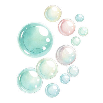 Watercolor illustration of floating soap bubbles isolated on white background