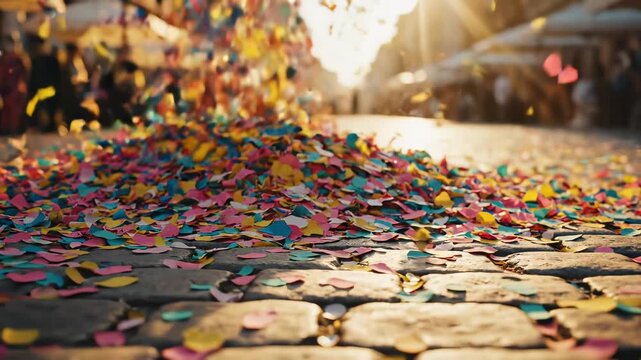 Colorful confetti on cobblestone street