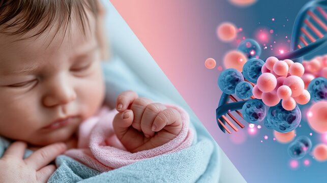 A modern banner design split into two halves, left side showing a soft-focus photo of a newborn baby's hand, right side showing a flat vector illustration of stem cells and a DNA helix