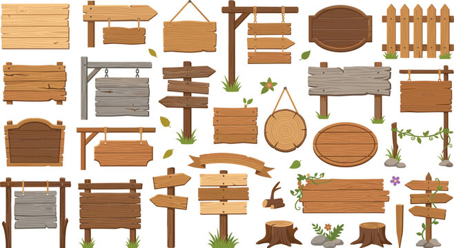 Rustic wooden signboard vector collection featuring directional signs fence panels plaques and outdoor information boards