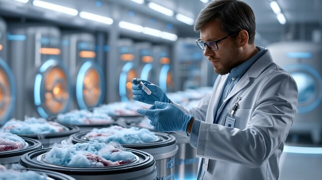 A modern cryopreservation laboratory with rows of labeled cord blood storage units and liquid nitrogen tanks, a lab technician in a white coat and gloves examining a sample vial under bright clinical 