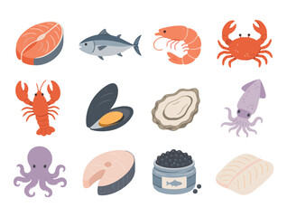 Obraz premium Seafood and fish flat icon set with crab shrimp oyster and octopus