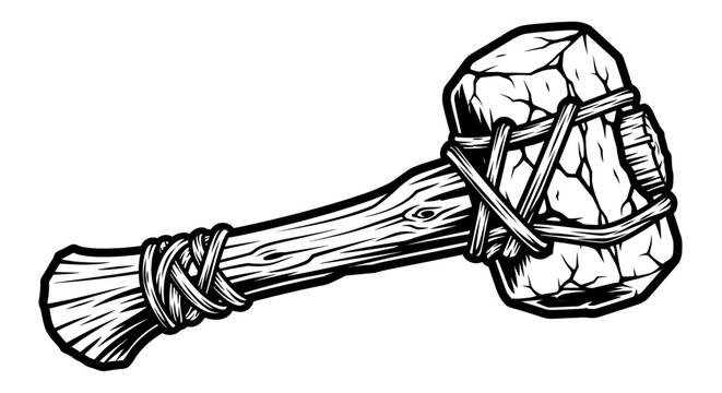 Ancient stone axe illustration with wooden handle and rope binding for primitive tool concept