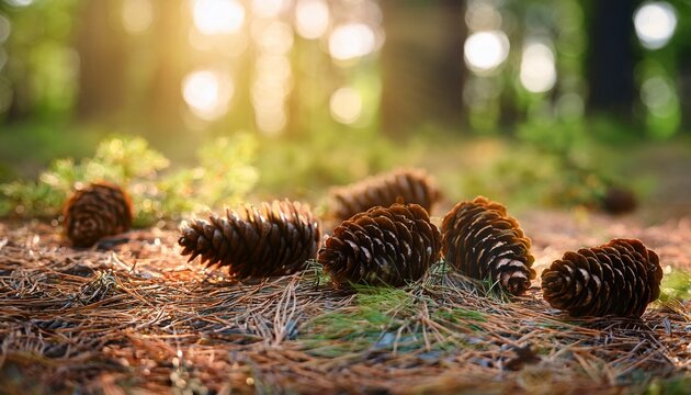 Group Of Brown Pine Cones Lying On Forest Ground Among Green Pine Needles And Sunlight Bokeh Background In Autumn Nature Scene