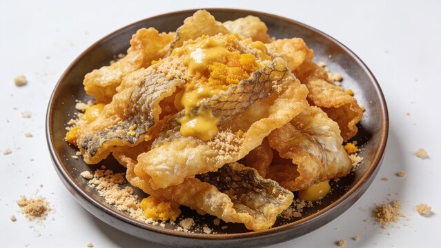 Crispy fish skin coated with salted egg yolk seasoning, served in a bowl, grey background.