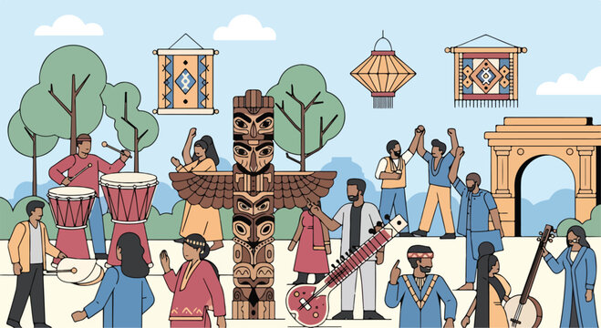 Cultural celebration scene with diverse people and instruments