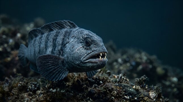 A fierce Atlantic Wolffish resting on the dark rocky seabed underwater.