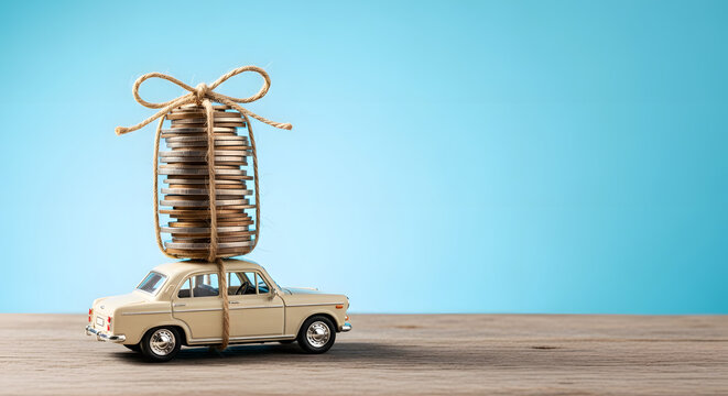 A miniature vintage car carries a stack of coins tied with twine on its roof, symbolizing financial growth or savings.