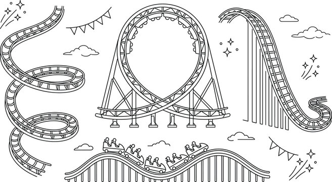 Roller coaster tracks and theme park line icon set with loop hill spiral rail and carnival elements