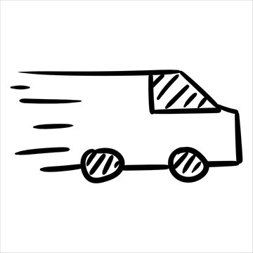 Hand drawn fast delivery truck doodle style. Express shipping van for quick logistics and transportation service doodle illustration.