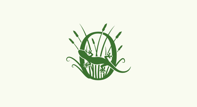 Green lizard logo with grass and wheat design.