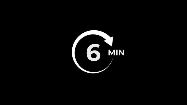 6 Min arrow clock icon animation. 6 minute animation on black background and creating a stunning 4k video.
